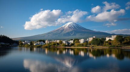 Reflection of Mount Fuji in Lake Kawaguchiko under Blue Sky