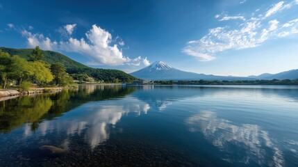 Naklejka premium Mount Fuji with Fluffy Clouds Over Lake Kawaguchiko