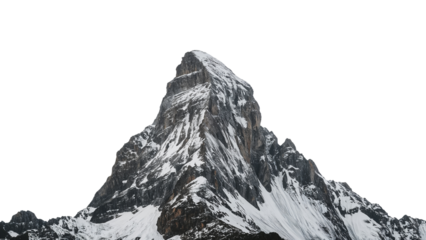 Majestic snow capped mountain peak piercing the sky, a symbol of achievement and natural grandeur for adventurous journeys and aspirational themes