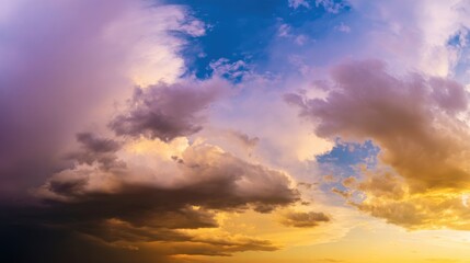 Obraz premium Stunning sky with dramatic cloud formations showcasing vibrant color transitions from deep purple to warm yellow and ora