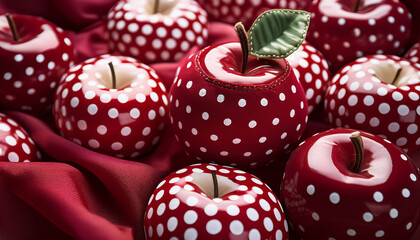 polka dot apple patch with maroon and white color scheme featuring stitched leaf and border creates playful and whimsical design