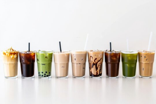 Assortment of refreshing cold drinks lined up against a white background