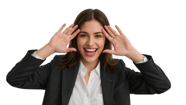 Excited young businesswoman with hands framing her face smiles widely conveying enthusiasm and positive energy perfect for business or lifestyle concepts