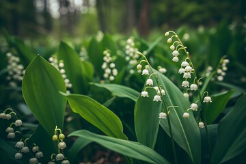 Obraz premium Beauty of lily of the valley blossoms amongst vibrant green foliage.