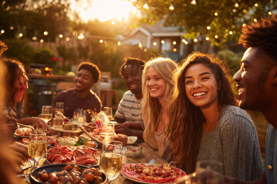 Friends enjoy outdoor dinner party. Diverse group celebrates, laughing and eating. Golden light, festive, lifestyle, for web, advertising, marketing.