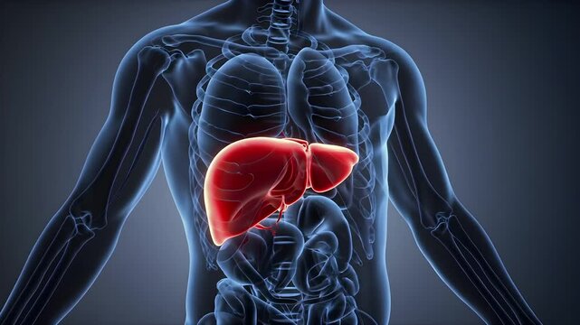 Anatomy of human body with liver highlighted in red color, organ system, internal organs, health, science, anatomical model, medical illustration, diagram of body