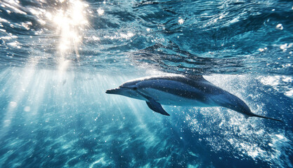 Dolphin swimming gracefully under shimmering sunlight in clear blue ocean waters