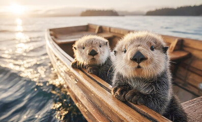 Two adorable otters enjoying a sunset from a wooden boat on serene waters
