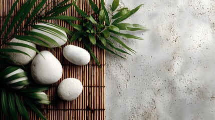 White stones and tropical leaves on a bamboo mat.
