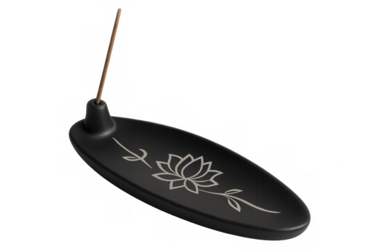 Minimalist black ceramic incense holder showcasing intricate lotus flower silhouette, holding slender incense stick against transparent backdrop