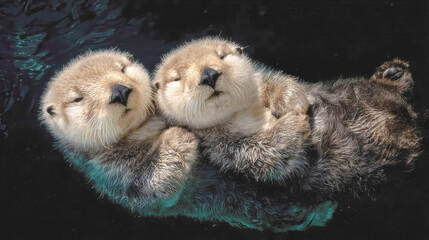 Two sea otters floating together in calm water on a sunny day
