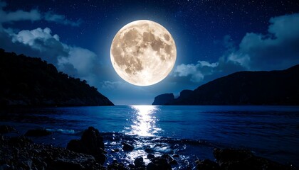 Fototapeta premium Majestic Full Moon Illuminating Ocean Waters Under a Starry Night Sky