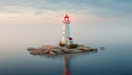 Lighthouse on a rocky island at dawn with gentle waves and a serene sky