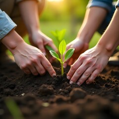 Fototapeta premium New Beginnings: Hands Nurturing a Young Plant