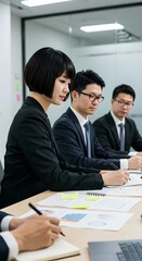 Business professionals in suits attentively reviewing documents during a meeting, focused.