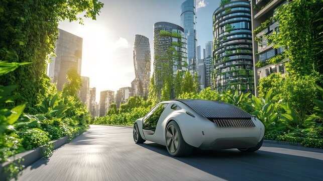 solar-powered electric car drives along a lush, green road surrounded by futuristic skyscrapers