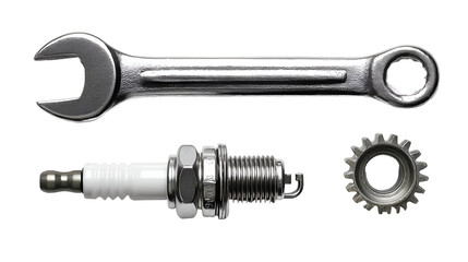 Close Up View of a Shiny Silver Wrench Spark Plug and Gear on a Transparent Background Ideal for Automotive Repair and Mechanical Engineering