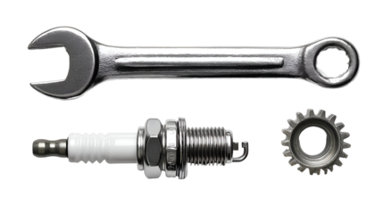 Close Up View of a Shiny Silver Wrench Spark Plug and Gear on a Transparent Background Ideal for Automotive Repair and Mechanical Engineering