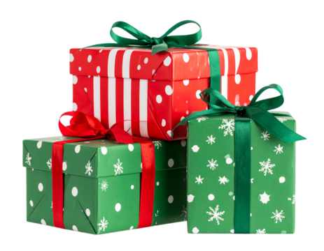 Stack of Three Colorful Christmas Gift Boxes with Different Patterns, isolated on a transparent background. 