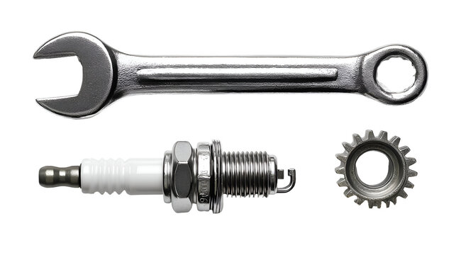 Close Up View of a Shiny Silver Wrench Spark Plug and Gear on a Transparent Background Ideal for Automotive Repair and Mechanical Engineering