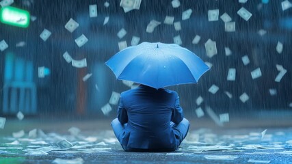 Businessman in blue suit sitting with blue umbrella, surrounded by falling money bills during rainy urban scene. Metaphorical representation of financial protection and resilience. - Powered by Adobe