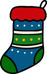 Christmas stocking vector collection with cute red, green, and blue socks decorated with stars, stripes, dots, and holiday patterns in flat cartoon style for festive winter design
