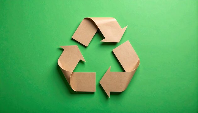 Eco-Friendly Recycling Symbol Crafted from Brown Paper on Green Background. - Powered by Adobe