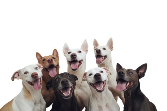 Group of happy dogs with open mouths isolated on transparent background. Happy dogs show off their joyful smiles in a delightful group photo for pet lovers isolated on white background.