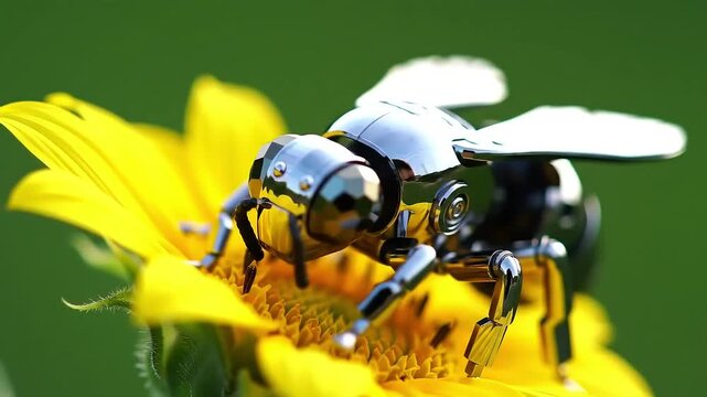 Chrome bee robot on sunflower, green field
