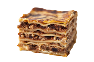 Delicious slice of lasagna stacked high isolated on transparent background. Homemade lasagna layered with rich meat sauce isolated on white background.