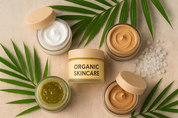 Natural Skincare Product Display with Cream Jars and Greenery Emphasizing Organic Beauty and Wellness
