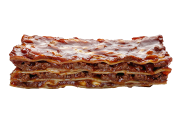 Delicious slice of homemade lasagna with layers of pasta meat sauce and cheese isolated on transparent background. Homemade lasagna layered with rich meat sauce isolated on white background.