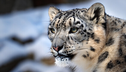 Naklejka premium majestic snow leopard with striking purple eyes gazes into distance amidst snowy landscape evoking sense of mystery and beauty in this hyperrealistic illustration