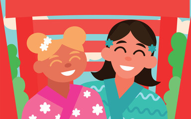 A trip to Japan. Two characters, a dark-skinned blonde and a light-skinned brunette in yukatas, are smiling in front of a red gate