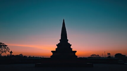 Silhouetted ancient pagoda at sunset