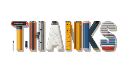 Colorful Stationery Items Forming the Word Thanks on Transparent Background A Detailed Pixel Art Illustration Featuring Pencils Rulers and Other