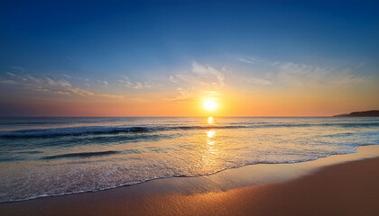 Fototapeta premium a beach scene with a large sun in the sky the sun is setting and the sky is a mix of blue and orange the beach is empty and the water is calm