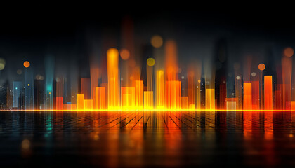 Glowing bar chart with futuristic lighting and vibrant orange and yellow colors creating dynamic digital cityscape effect