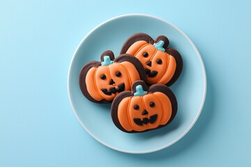 "Pastel Pumpkin Cookies": Hyper-realistic studio shot of chocolate pumpkin cookies on a plate with a pastel blue background, top view