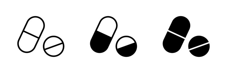 Combined capsule and round pill icons in outline and solid styles, representing pharmaceutical drugs, medication types, medical treatment, dosage, and healthcare solutions