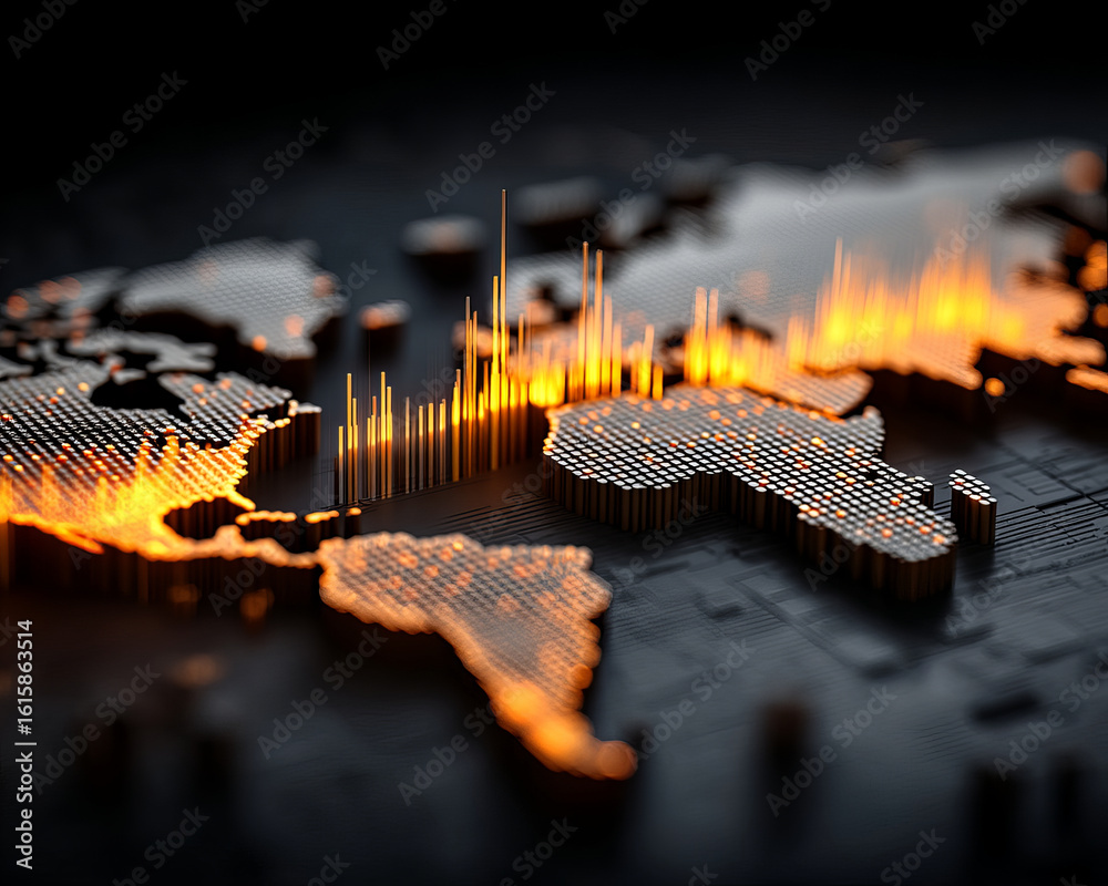 Poster digital world map with glowing orange heatmap graph showing data spikes and technology concept in da