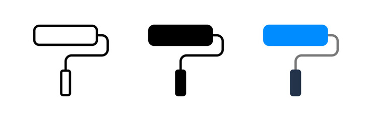 Paint roller icons in outline, solid, and blue styles representing painting tools, home improvement, renovation, wall coloring, and decorating concepts in construction and design
