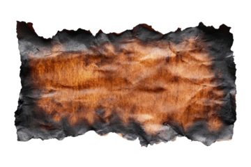 Close up of burning wood texture with flames isolated on transparent background. Horizontal of burnt paper edges with fire and black ash isolated on white background.