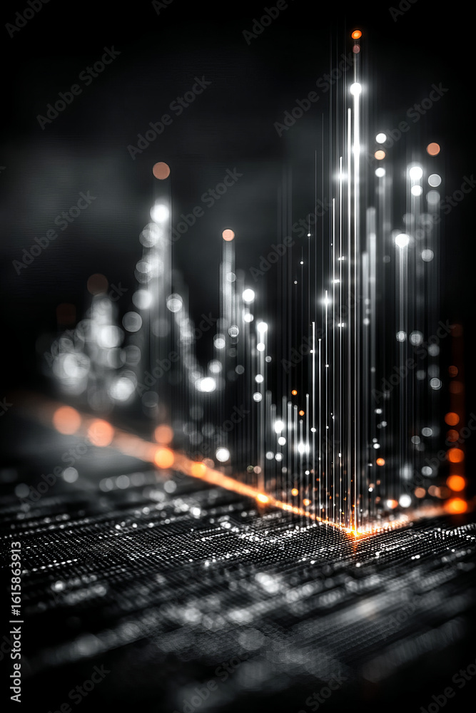 Poster digital data visualization with glowing light points and vertical lines creating futuristic and dyna