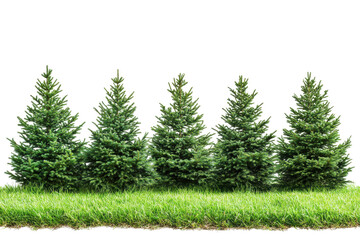 Row of evergreen trees with green grass isolated on transparent background. Horizontal of evergreen trees on a grassy patch isolated on white background.