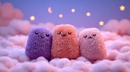 Fototapeta premium Three fluffy, friendly creatures nestled amongst clouds.