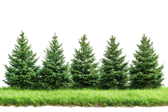 Row of evergreen trees with green grass isolated on transparent background. Horizontal of evergreen trees on a grassy patch isolated on white background. - Powered by Adobe