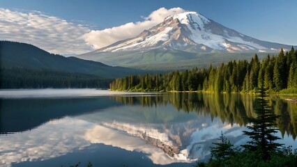 Naklejka premium Lake reflections of snow-capped mountains in national parks, showcasing scenic summer landscapes and the majestic beauty of nature under a clear blue sky