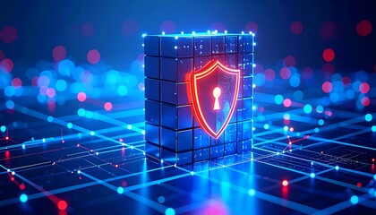 Glowing red shield on a blue cube structure, representing digital security and data protection