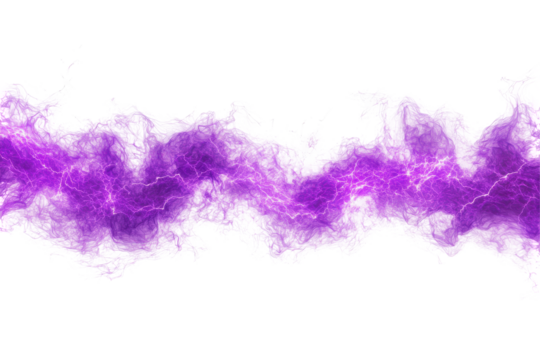 Vibrant purple lightning bolt with smoky energy isolated on transparent background. Purple electric glow sparkle energy isolated on white background.